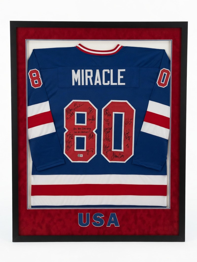 Framed 1980 USA Miracle on Ice signed jersey in a shadow box with red, white, and blue matting